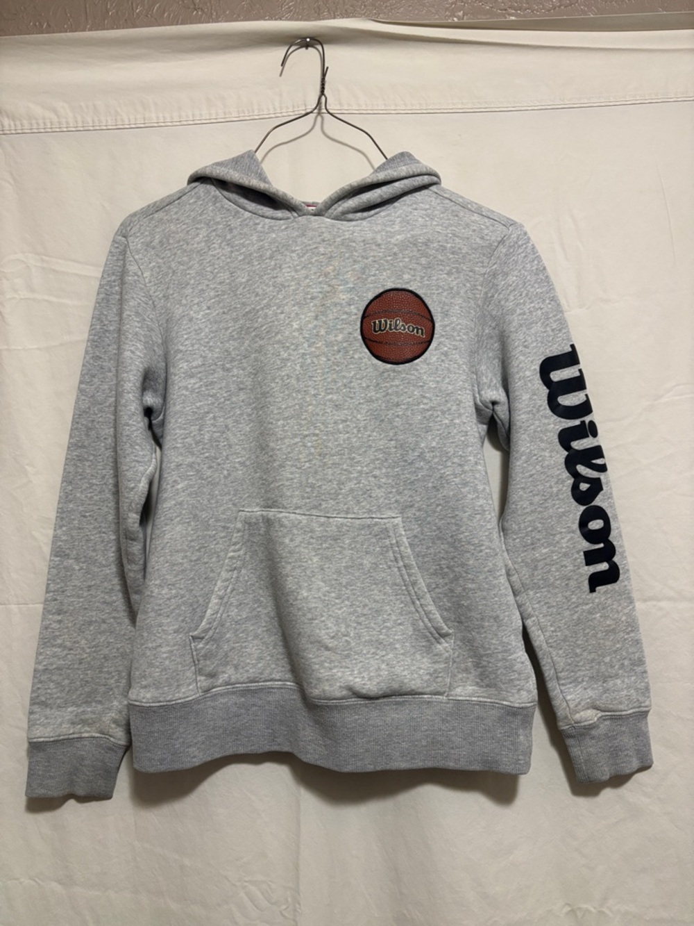 Wilson Gray Hoodie with Basketball Patch and Black Sleeve Script Youth Large